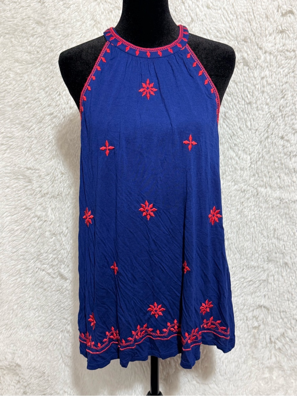 LOFT Blue Halter Tank with Red Embroidery